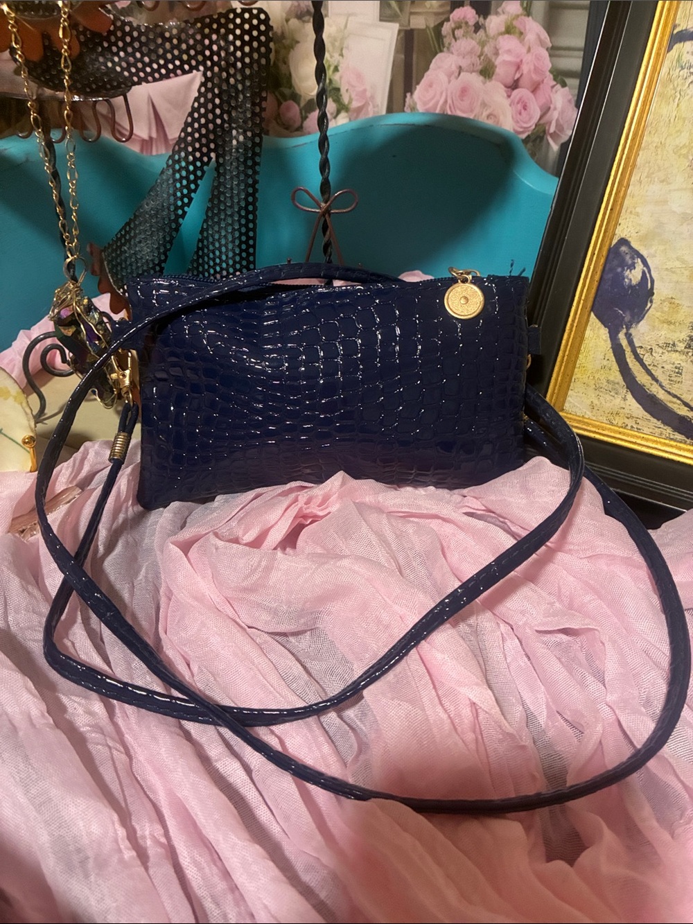 Navy Croc-Embossed Crossbody Bag - Women